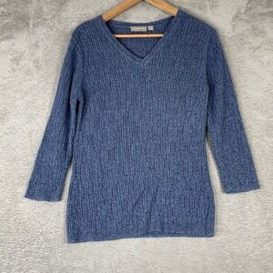 Croft & Barrow Sweater Womens XL Blue Ribbed Knit V-Neck 100% Cotton Casual